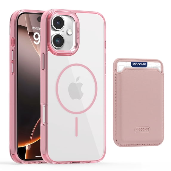 2 in 1 Wallet Case for iPhone 16, Compatible with Magsafe Clear Shockproof Magnetic Phone Case with Card Holder TPU Bumper Anti-Yellowing Hard Back Protective Cover for iPhone 16,Pink