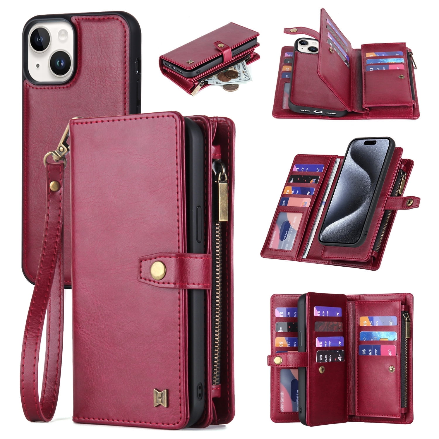 2 In 1 Wallet Phone Case for Apple iPhone 13, Detachable Magnetic Back Cover with Cards Holder Zipper Pocket Hand Wrist RFID Blocking Snap Closure Shockproof Case for iPhone 13, Red