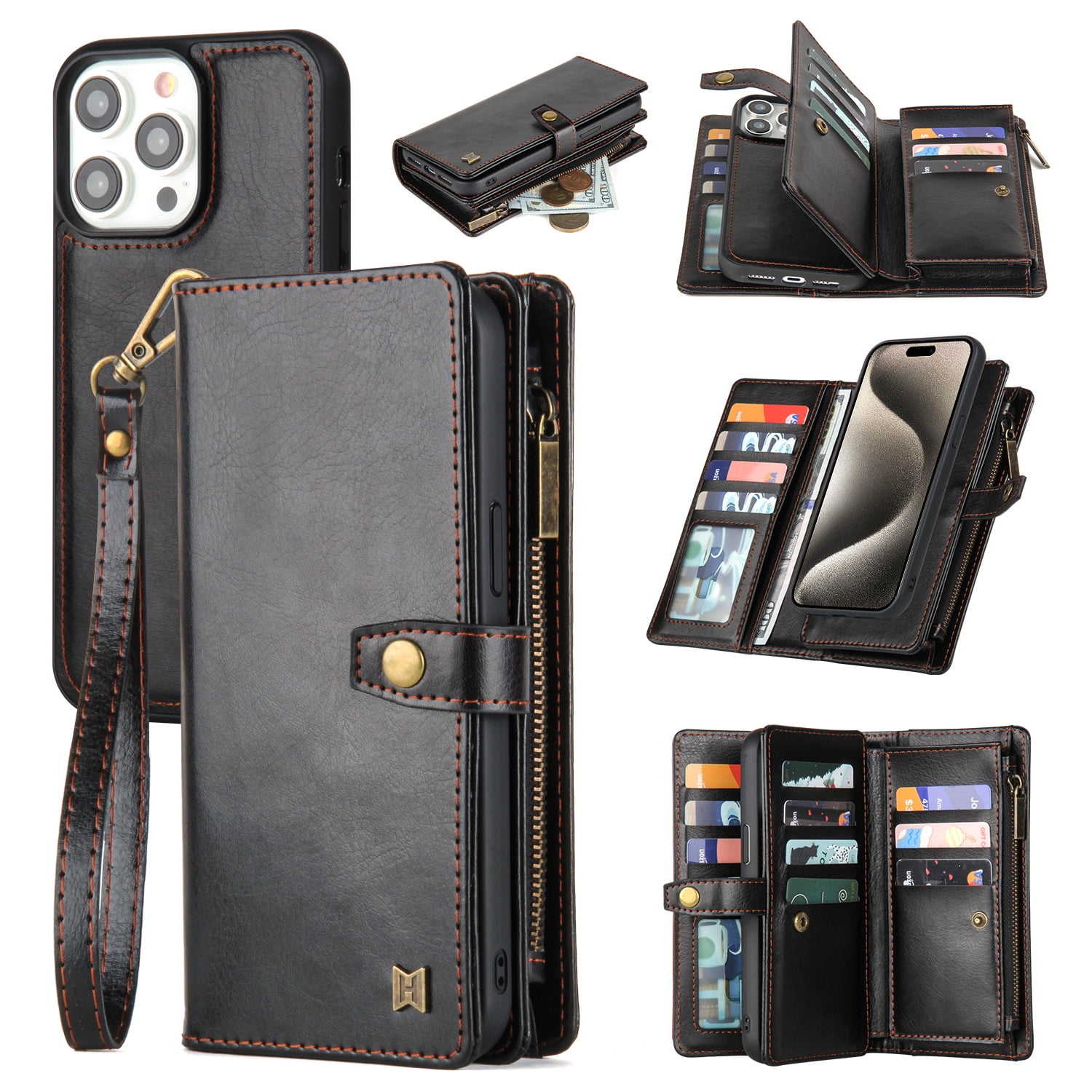 2 In 1 Wallet Phone Case for Apple iPhone 13 Pro Max, Detachable Magnetic Back Cover with Cards Holder Zipper Pocket Hand Wrist RFID Blocking Snap Closure Shockproof Case for iPhone 13 Pro Max, Black