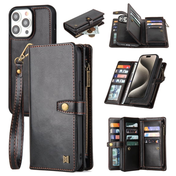 2 In 1 Wallet Phone Case for Apple iPhone 13 Pro Max, Detachable Magnetic Back Cover with Cards Holder Zipper Pocket Hand Wrist RFID Blocking Snap Closure Shockproof Case for iPhone 13 Pro Max, Black