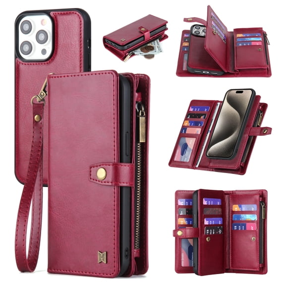 2 In 1 Wallet Phone Case for Apple iPhone 14 Pro Max, Detachable Magnetic Back Cover with Cards Holder Zipper Pocket Hand Wrist RFID Blocking Snap Closure Shockproof Case for iPhone 14 Pro Max, Red