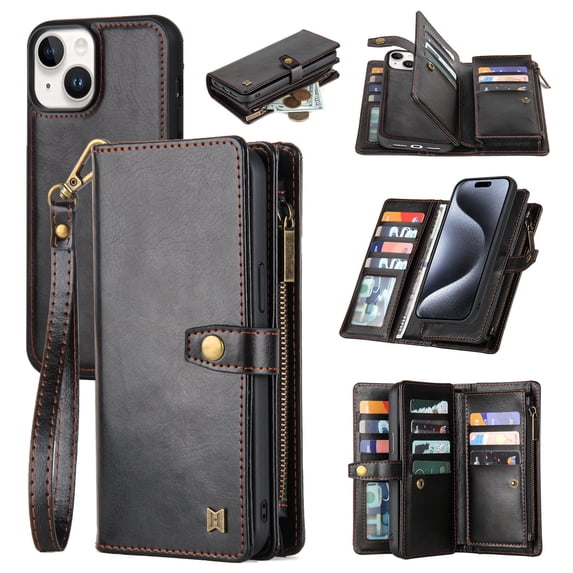 2 In 1 Wallet Phone Case for Apple iPhone 15 Plus, Detachable Magnetic Back Cover with Cards Holder Zipper Pocket Hand Wrist RFID Blocking Snap Closure Shockproof Case for iPhone 15 Plus, Black