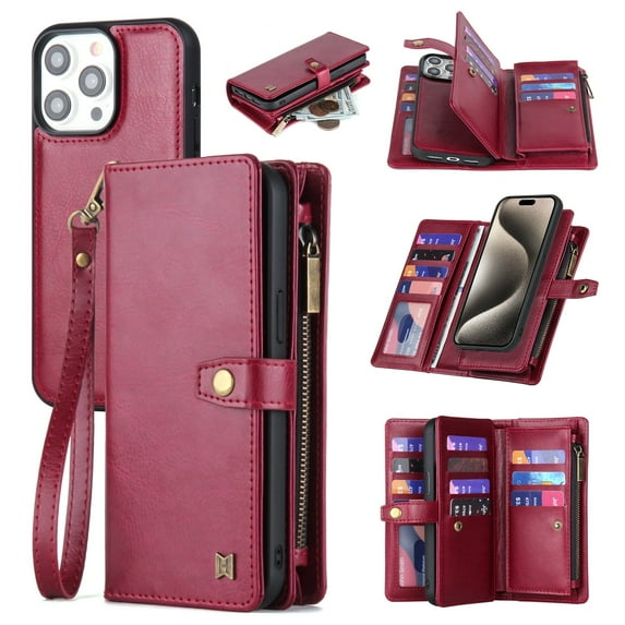 2 In 1 Wallet Phone Case for Apple iPhone 16, Detachable Magnetic Back Cover with Cards Holder Zipper Pocket Hand Wrist RFID Blocking Snap Closure Shockproof Case for iPhone 16, Red