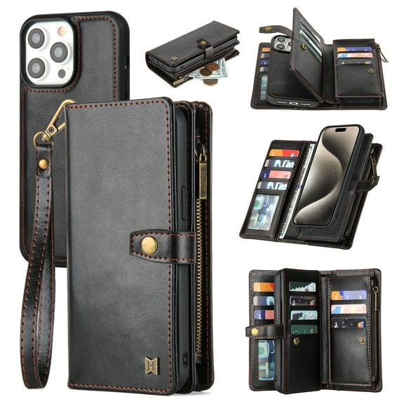 2 In 1 Wallet Phone Case for Apple iPhone XS/ iPhone X, Detachable Magnetic Back Cover with Cards Holder Zipper Pocket Hand Wrist RFID Blocking Snap Closure Shockproof Case for iPhone XS/X, Black