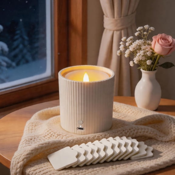 2 in 1 Waterless Essential Oil Diffuser and 3D Wick Realistic Flame Candle,Flameless Candle Diffuser,USB Power Supply LED 12PCS Cotton Pads(No Rechargeable Battery)