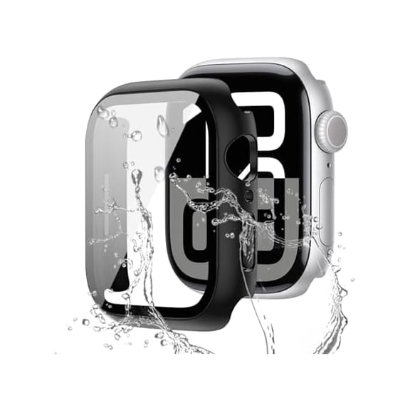 2 in 1 Waterproof Case Compatible for Apple Watch Series 11 Screen Protector 46mm Clear, Hard PC Face Cover with Built-in 9H Tempered Film for iWatch Series 10 46mm Case-Black