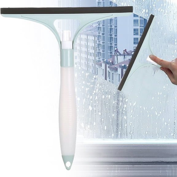 2 In 1 Window Cleaning Scraper, Spray Window Squeegee with Microfiber Scrubber, All Purpose Glass Cleaning Tool, Refillable Sprayer Cleaner for Mirrors and Household Glass Surfaces, Blue