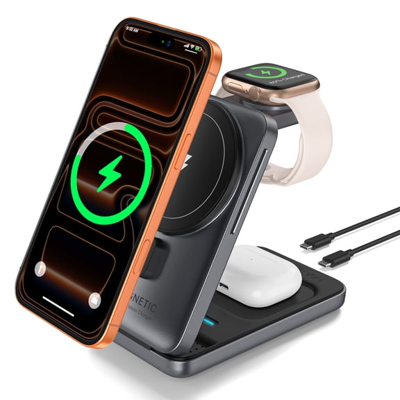 Cshidworld 3-in-1 Magnetic Wireless Charging Station, 15W Fast Wireless Charger Stand for iPhone 17/16e/15/14/13/12 Series, Apple Watch, and AirPods, Foldable Charging Dock w/ Type-C Cable