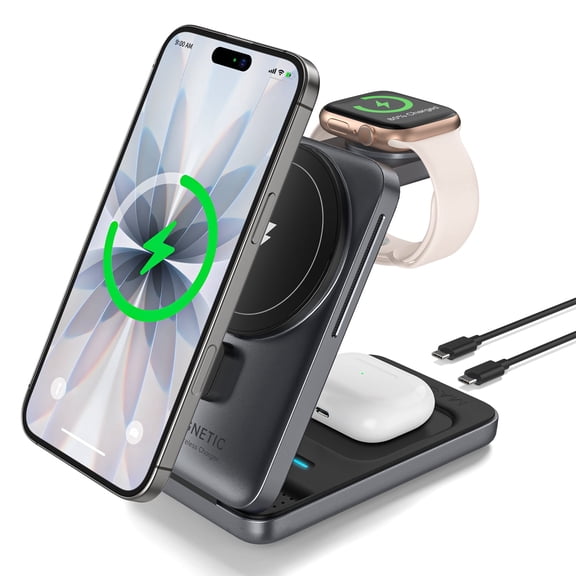 Cshidworld 3-in-1 Magnetic Wireless Charging Station, 15W Fast Wireless Charger Stand for iPhone 17/16e/15/14/13/12 Series, Apple Watch, and AirPods, Foldable Charging Dock w/ Type-C Cable