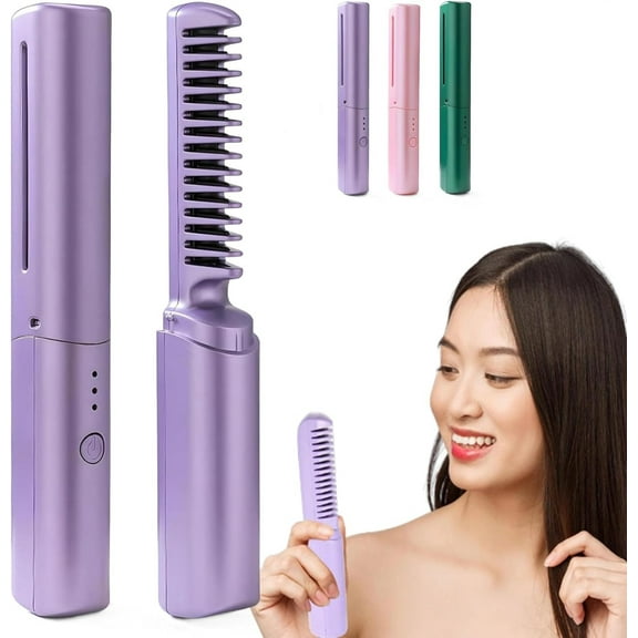 2 in 1 Wireless Hot Comb Hair Straightener, Rechargeable Mini Hair Straightener, Portable Electric Press Ceramic Heat Comb, Portable Hair Straightener Cordless, Hairdressing Comb