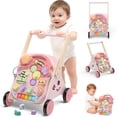 thumbnail image 1 of 2 in 1 Wooden Baby Walker and Activity Center for Girls Boys Sit-to-Stand Learning Toy Kids Montessori Educational Push Toys with Music Detachable Busy Keyboard for Toddlers Pink, 1 of 7