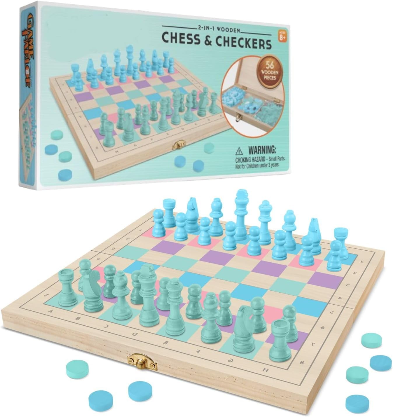 11" x 11" Light Wood Chess and Checkers Set with Colored Pieces