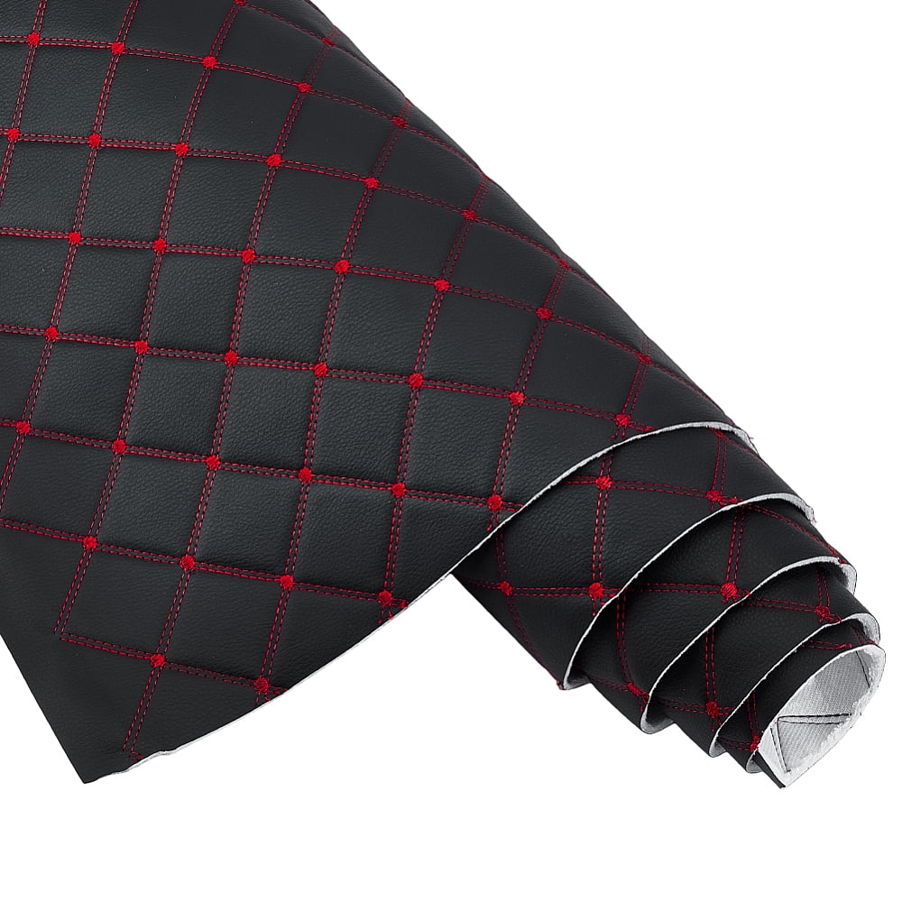 2.1 Yards Quilted Foam Fabric Leather Fabric 61 inch Diamonds Pattern Leather Fabrics with Red Stitch(Black)