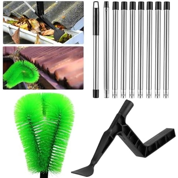2 iN 1 gUTTER cLEANING tOOLS 12.8ft aDJUSTABLE gUTTER cLEANING tOOLS FROM tHE gROUND gUTTER cLEANER sCOOP mULTI-fUNCTIONAL gUTTER cLEANER bRUSH eASILY cLEAR rOOF lEAVES dEBRIS rOOF gUTTERS