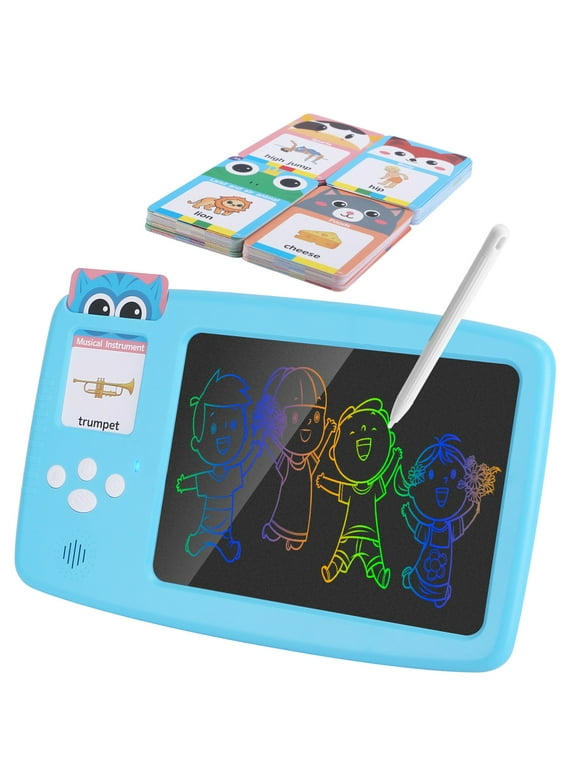 2 in 1 iMounTEK Talking Flash Cards with LCD Writing Pad Writing Tablet Speech Alphabet Number Sensory Doodle Board Preschool Educational Toys for over 2 Year Old Toddler Blue