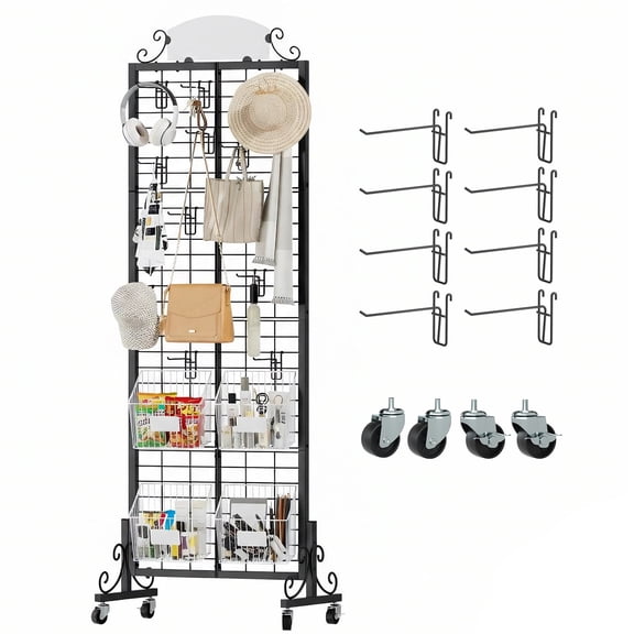 2.1'x6.2' Ft Gridwall Panel Display Stands Heavy Duty Floor Standing Retail Display Rack, Movable Gridwall Display Stand with 4 Wheels and 8 Hooks