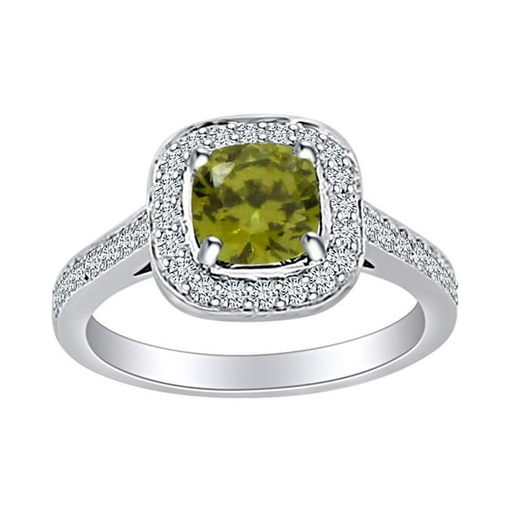 AFFY 2.10 Carat (Ctw) Simulated Peridot & White Natural Diamond Cluster Engagement Ring In 14k Solid White Gold Ring Size-5.5