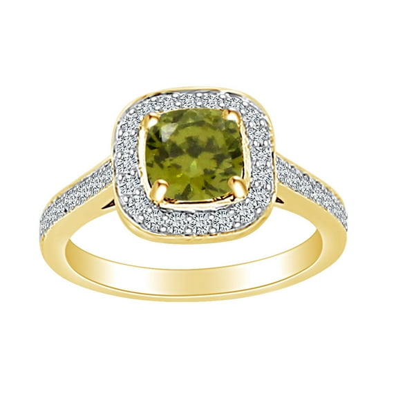 AFFY 2.10 Carat (Ctw) Simulated Peridot & White Natural Diamond Cluster Engagement Ring In 14k Solid Yellow Gold Ring Size-7.5