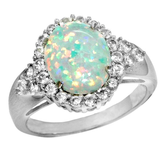 2.10 Ct Oval White Opal and White Topaz 925 Sterling Silver Ring Size 9