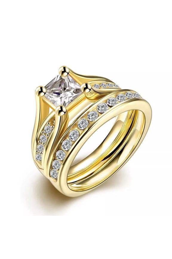 2.10 Ct Princess Cut Stainless Steel Set Ring 14K Gold Plated Wedding Women B438