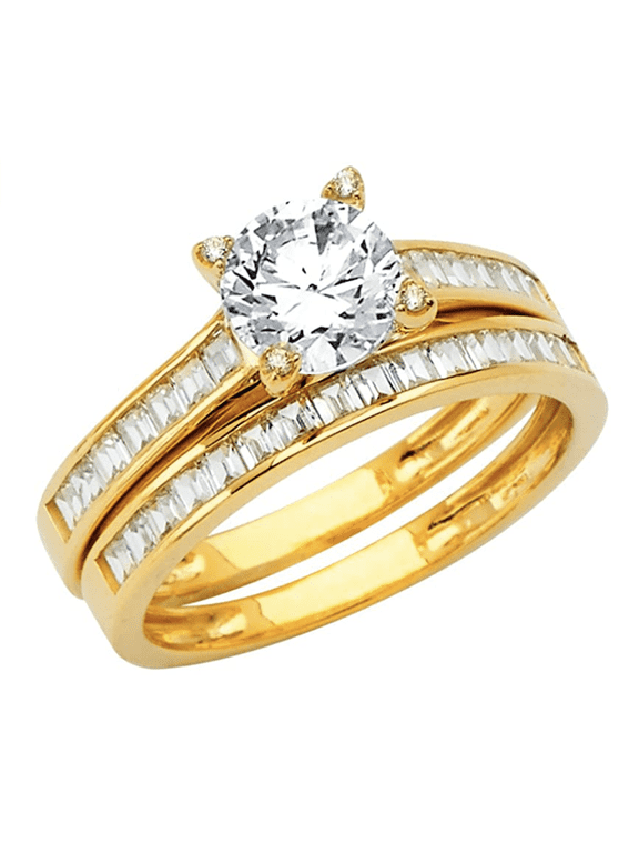 2.10 Ct Round Cut Real 14K Yellow Gold Engagement Wedding Ring Set Matching Band