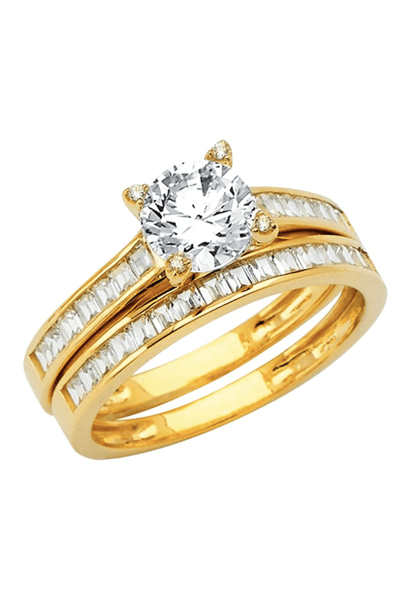 2.10 Ct Round Cut Real 14K Yellow Gold Engagement Wedding Ring Set Matching Band