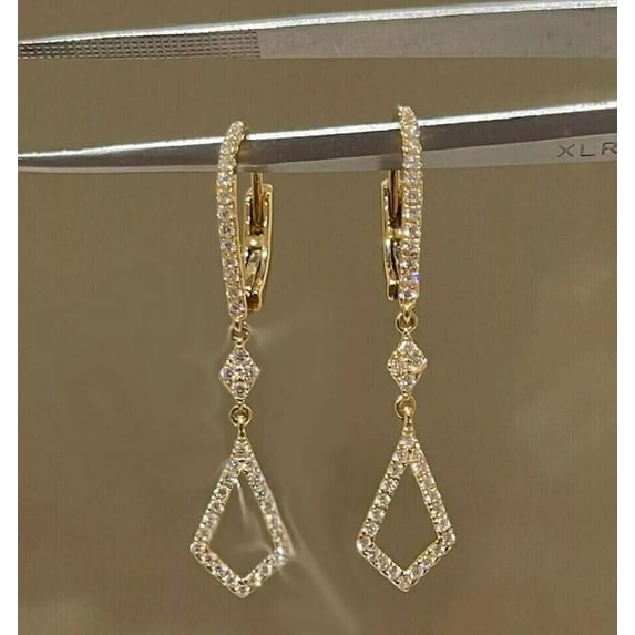 Drop Dangle Earrings 2.10 Ct Round Cut White Natural Moissanite Diamond 14K Yellow Gold Plated