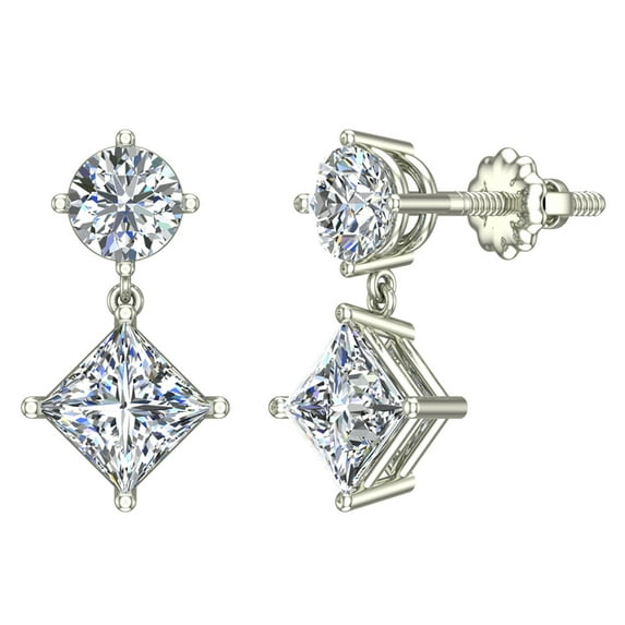 2.10 ct tw Round & Princess Drop Two stone Diamond Dangle Earrings 18K White Gold (G,VS)