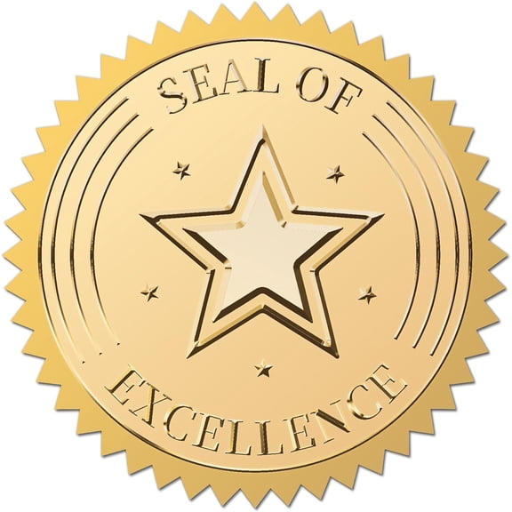 2" 100Pcs Seal of Excellence Gold Foil Certificate Seals Self Adhesive Stars Envelopes Stickers Round Embossed Awards Labels Serrated Edge for Graduation Birthday Diploma DIY Card Decor White