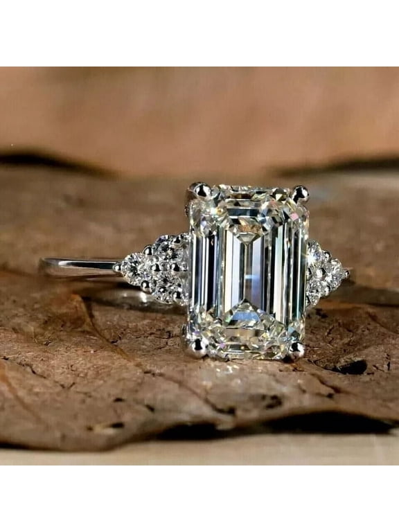 2.10CT Emerald Cut Lab-Created Diamond Engagement Ring 14K White Gold Plated