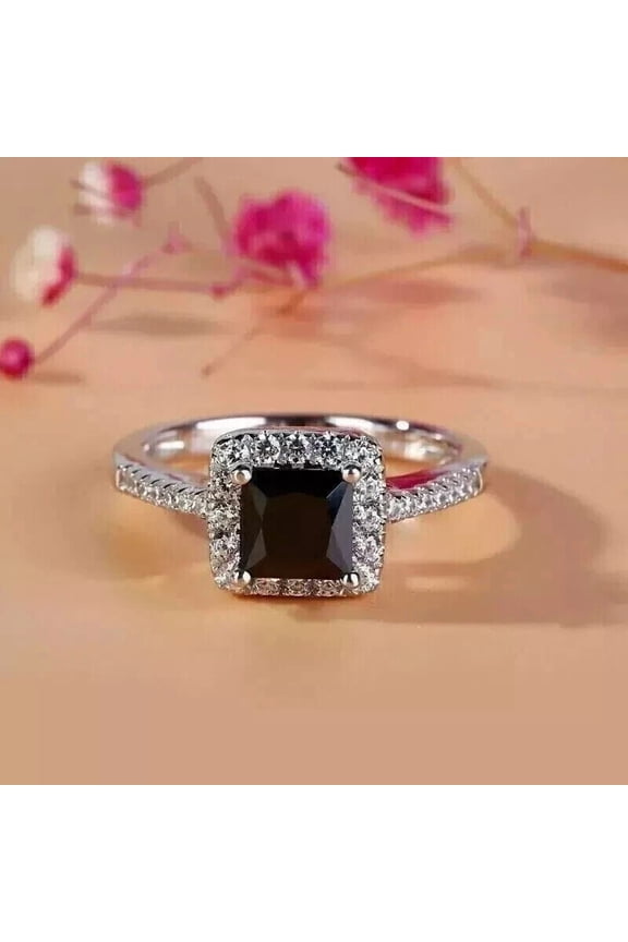 2.10CT Princess Lab Created Black Diamond Halo Women's Ring 14K White Gold Plated