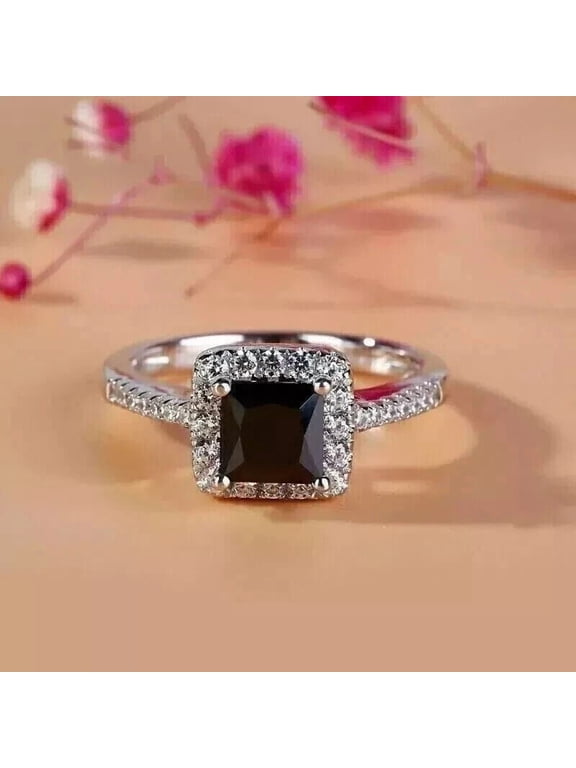 2.10CT Princess Lab Created Black Diamond Halo Women's Ring 14K White Gold Plated