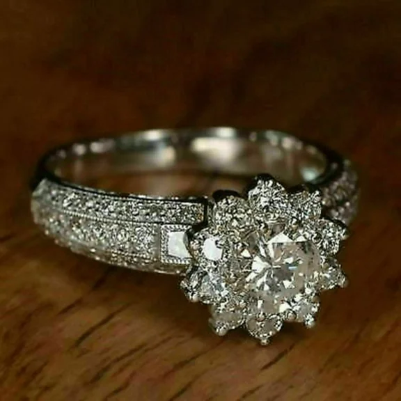 2.10CT Round Cut Lab Created Cluster Diamond Engagement Ring 14K White Gold Plated