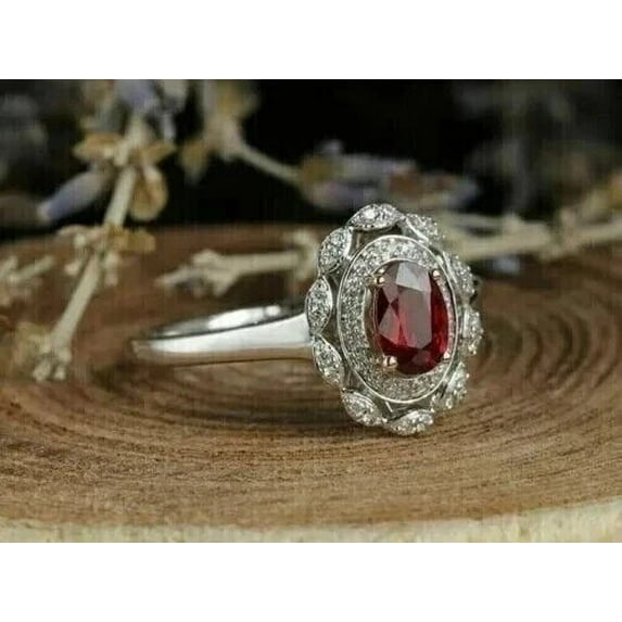 2.10Ct Oval Cut Simulated Red Garnet Women's Engagement Gift Ring 14K White Gold Plated