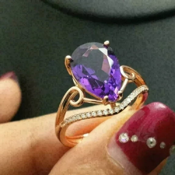 2.10Ct Pear Cut Lab-Created Amethyst Halo Wedding Ring 14K Yellow Gold Plated