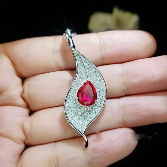 2.10Ct Pear Cut Simulated Red Ruby Women's Weddings Fancy Pendant 14K White Gold Plated