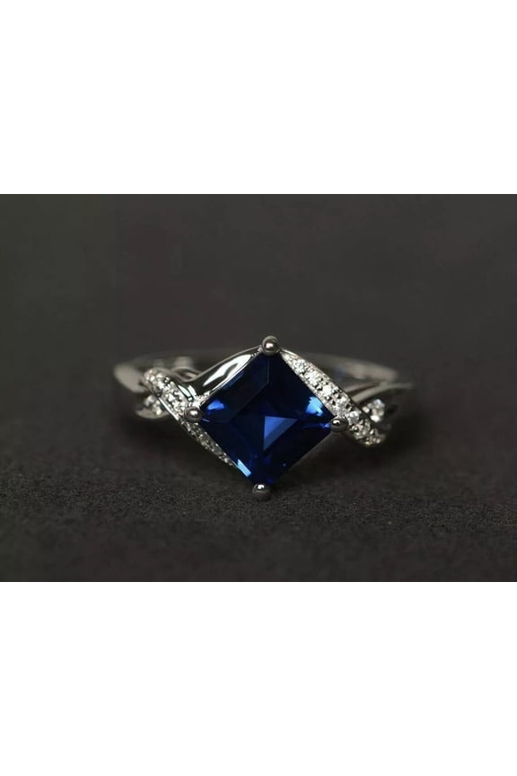 2.10Ct Princess Cut Simulated Blue Sapphire Women's Wedding Ring 14k White Gold Plated