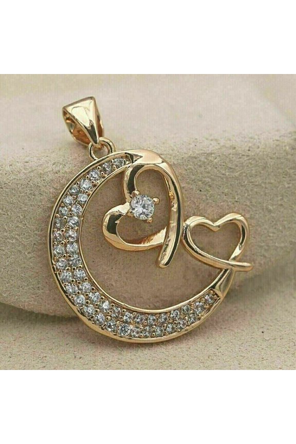 2.10Ct Round Cut Lab Created Diamond Women's Moon Heart Shape Pendant 14k Yellow Gold Plated 18"