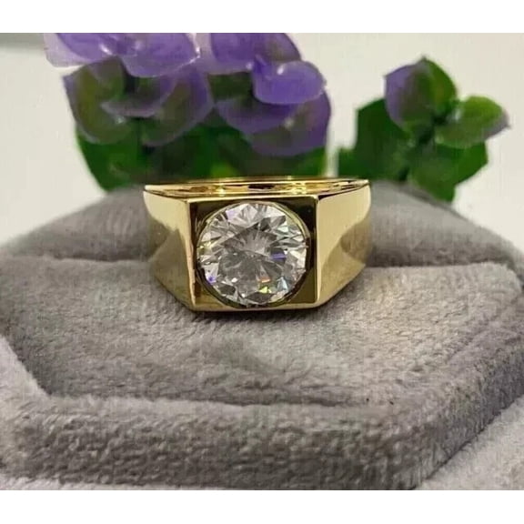 2.10Ct Round Cut Natural Moissanite Solitaire Men's Wedding Ring Yellow Gold Plated