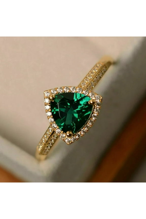 2.10Ct Trillion Cut Simulated Green Emerald Women's Engagement Ring 14K Yellow Gold Plated