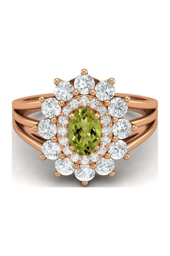 2.10Ctw Oval Cut lab-Created Peridot 14K Rose Gold Plated Cluster Women Ring Mother's Day Gift Jewelry