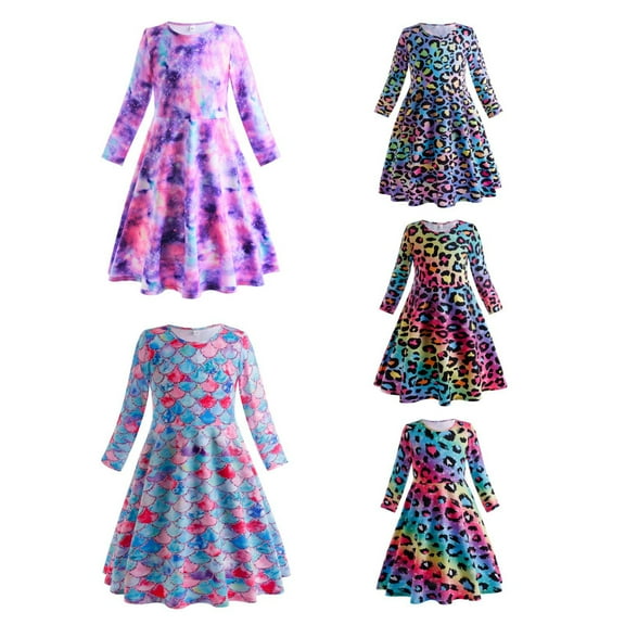 2-10T Kids Girls Dresses Long Sleeve Casual Printed Dancing Princess Dress Party Swing Dresses
