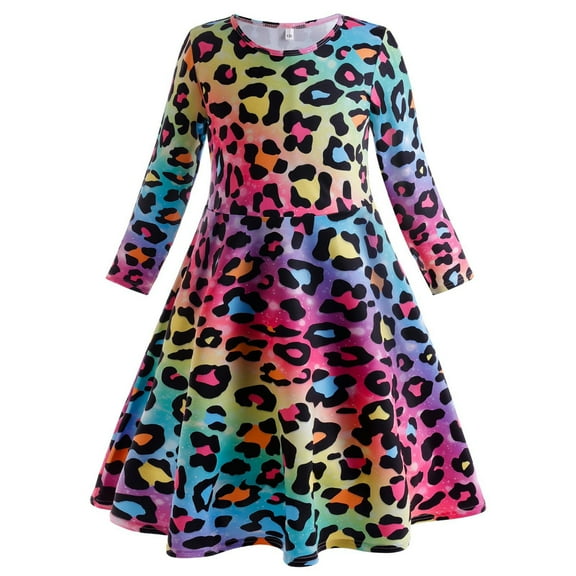 2-10T Kids Girls Dresses Long Sleeve Casual Printed Dancing Princess Dress Party Swing Dresses
