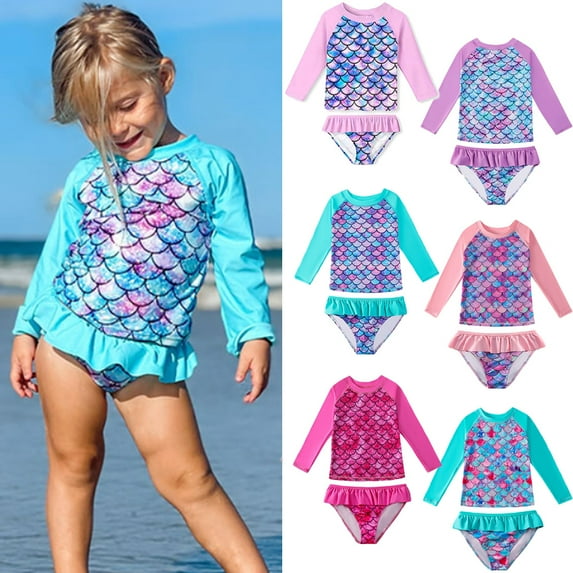 Urmagic Girls Long Sleeve Rash Guard UPF50+ Swimsuit Mermaid Ruffles Set, 2-pcs, 2-10Y, Green