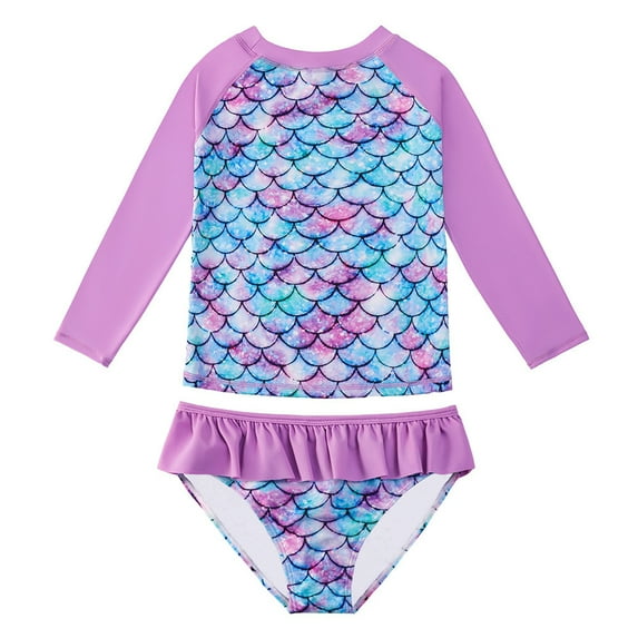 2-10Y Girls Long Sleeve Rash Guard UPF50+ Swimsuit Mermaid Ruffles Two Pieces Bikini Set