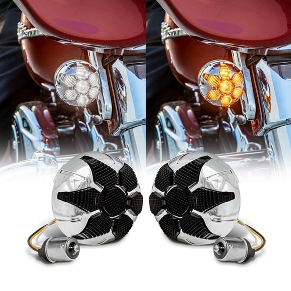 2" 1157 Rear Harley LED Amber Turn Signal White Running Marker Light [Smoked Lens] [Chrome-Finish] [Radial Design] Tail Light For Harley Davidson Sportster Street Road Glide King Dyna Softail Fatboy