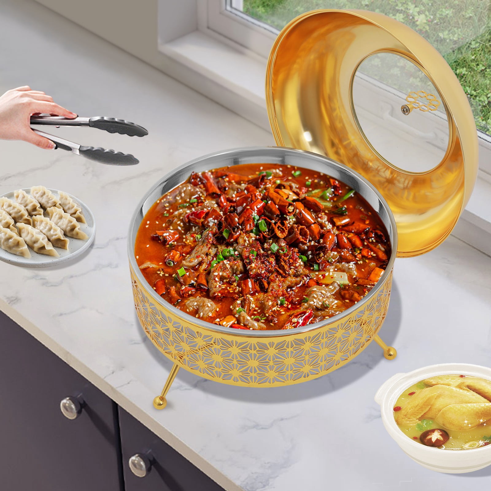 2.11Gal Dish Buffet Set Round Chafing Dish Frame Party Food Warmer 15. ...