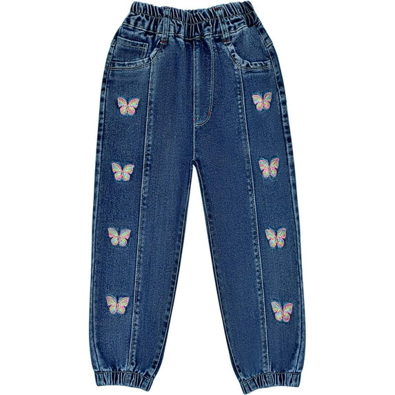 2-11T Spring Autumn Toddler Little Girls Distressed Embroidered Jeans Kids Girl Denim Pants,Butterfly,5Years
