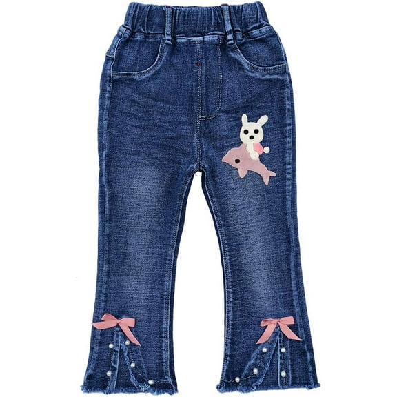 2-11T Spring Autumn Toddler Little Girls Distressed Embroidered Jeans Kids Girl Denim Pants,Dolphin,6-7Years