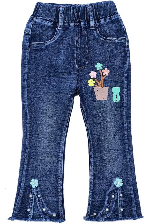 2-11T Spring Autumn Toddler Little Girls Distressed Embroidered Jeans Kids Girl Denim Pants,Flowerpot,3-4Years